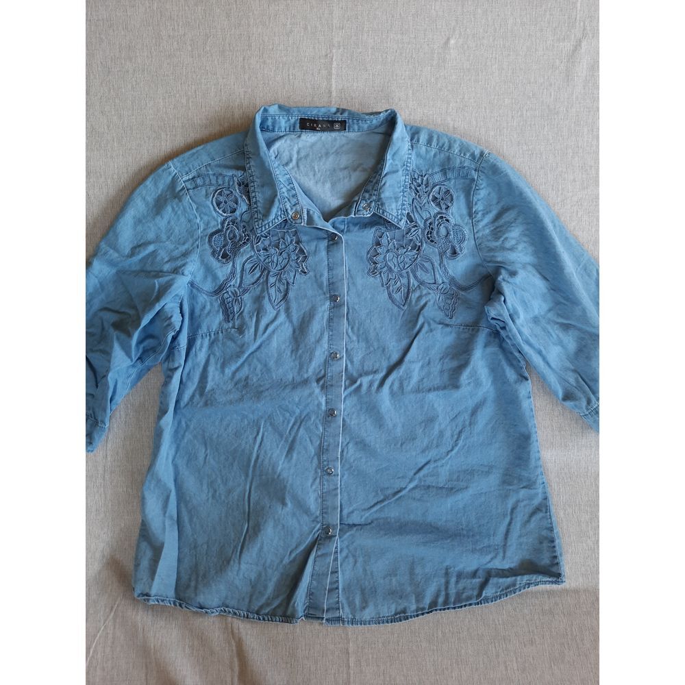 Cirana Women XL Floral Embroidery Pear Snap Button Shirt 3/4 Sleeve Chambray